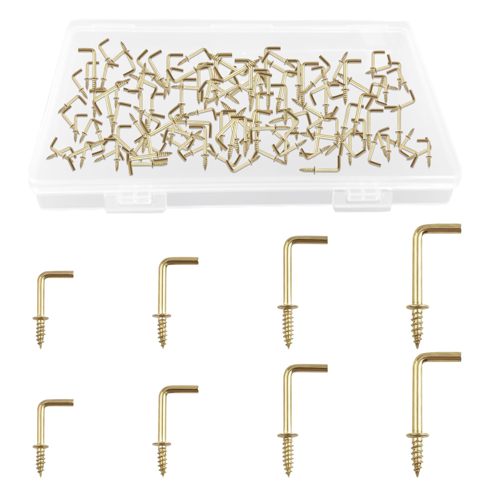 UFURMATE Screw in Hooks, 170Pcs 4 Sizes L Shaped Hooks Shouldered Dresser Cup Hooks Right Angle Hooks Self Tapping Screw Hooks for Indoor and Outdoor Hanging (Gold)