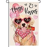 12 x 18 Inches Hugs and Kisses Valentine's Day Garden Flag Decorations - Double Sided Vertical Burlap Dog with Hearts Printed Holiday Yard Flag Indoor Outdoor House Garden Patio Lawn Party Supplies