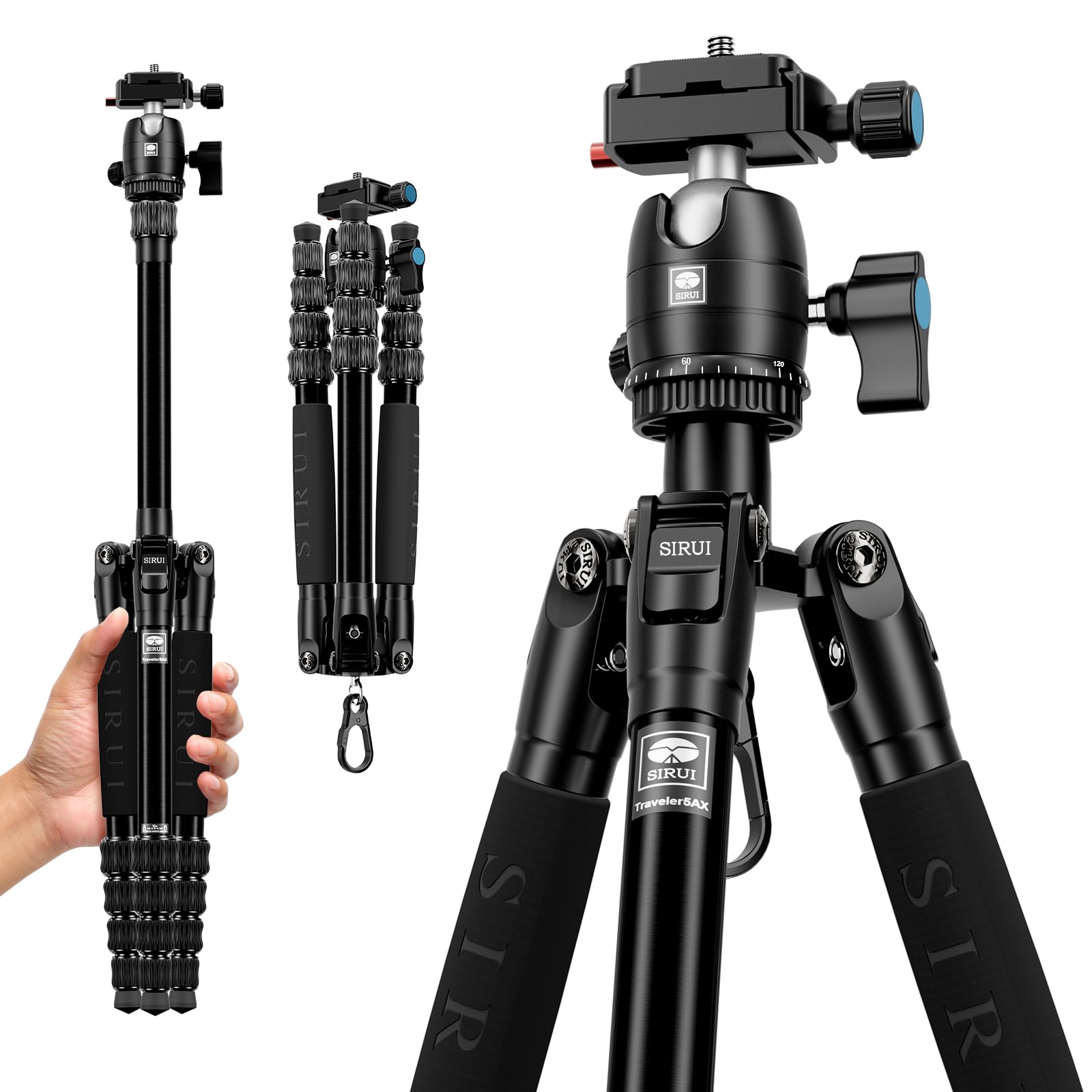 SIRUI Compact Traveler 5AX Tripod 51.97 inches Lightweight Aluminum Travel Tripod Portable Camera Tripod with 360° Panorama Ball Head and Arca Swiss Quick Release Plate Load Capacity Up to 5kgs