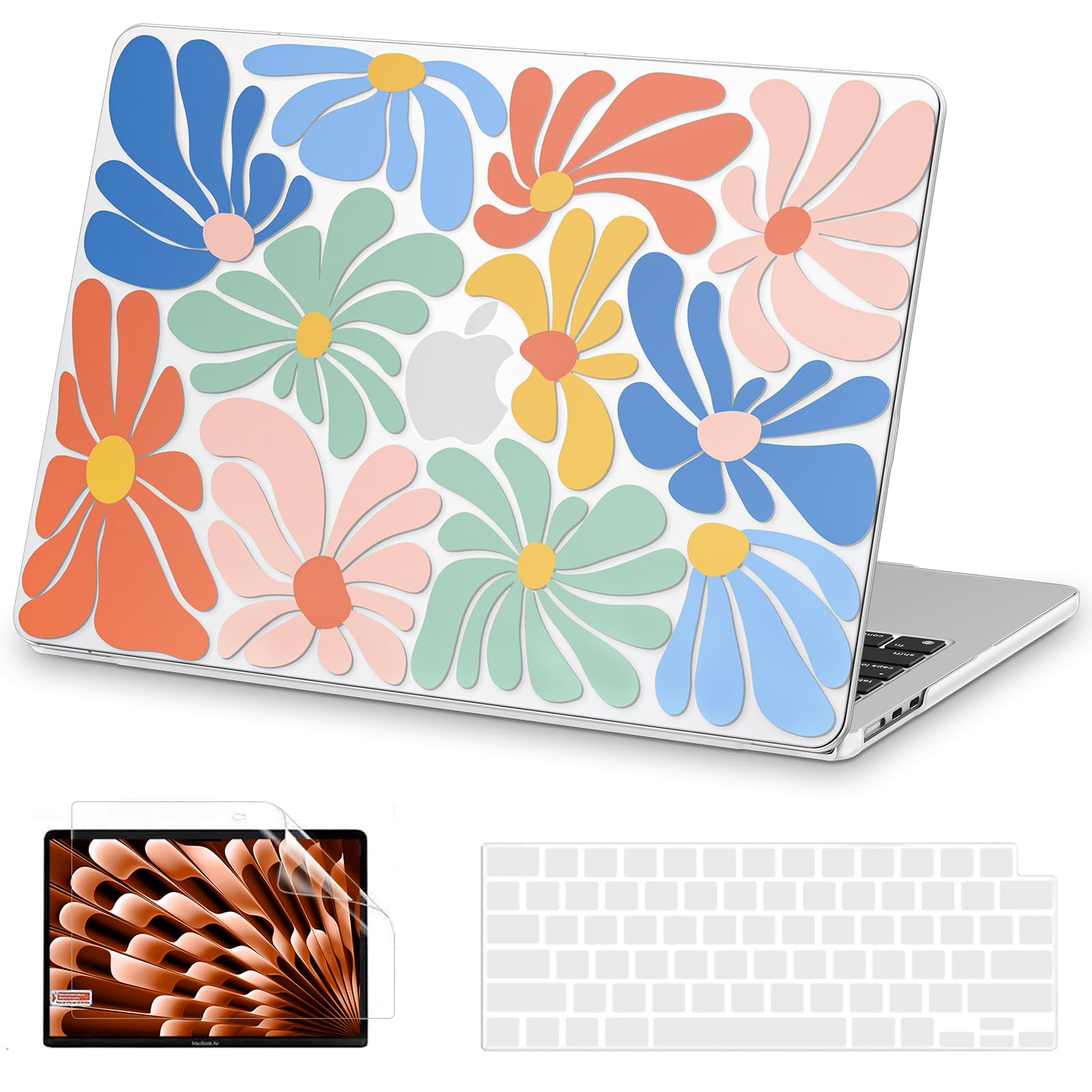 Photo 1 of AKIT Compatible with MacBook Air 13 inch Case 2025 2024-2022 M4 M3 M2 A3240 A3113 A2681, Unique Pattern Hard Shell Laptop Case + Screen Protector + Keyboard Cover for Mac Air 13.6 inch, Colorful Flowers