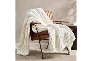 Amélie Home Chunky Knit Blanket Throw, Thick Soft Yarn Chunky Throw 40x50, Handmade Chenille Cable Knitted Crochet Throw Blanket, Warm Rope Knot Blanket for Couch Bed Sofa, Ivory