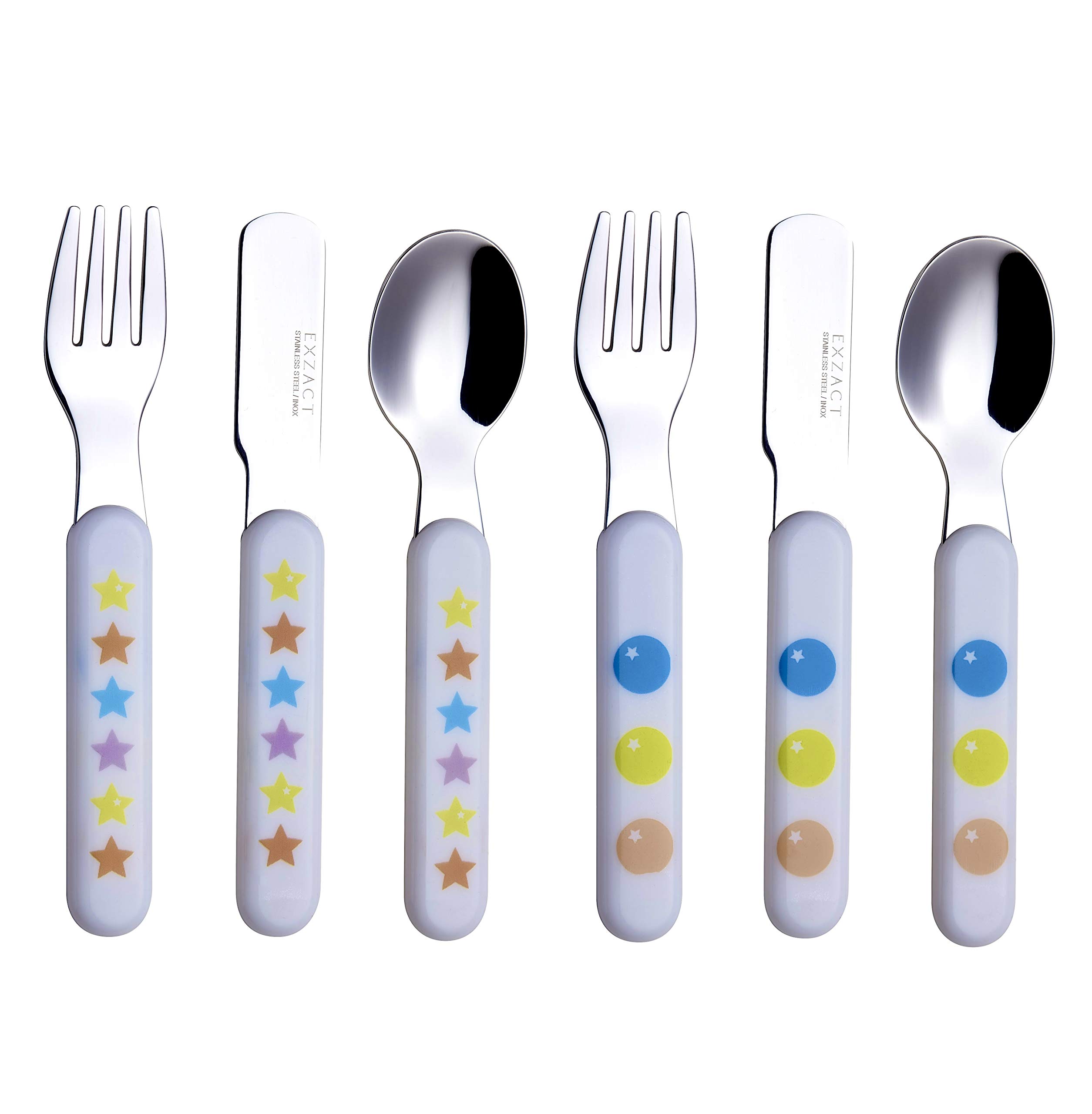 EXZACT Kids Cutlery 6pcs Stainless Steel 18/10 Children's Cutlery Set - incl. 2 x Forks, 2 Safety Knives; 2 x Dinner Spoons - Plastic Handle, Toddler Utensils BPA Free Flatware - Stars & Dots