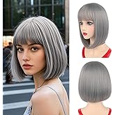 NOTICEME Grey Bob Wig with Bangs, Short Straight Costume Gray Salt and Pepper Wig for Women Festival Party Cosplay Daliy Neon Wig Colorful 14 Inch