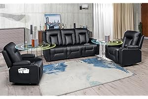 COMHOMA Furniture Bonded Leather Sofa with Massage, Cup Holder, Living Room Set Recliner Chair, 3+1+1, Black