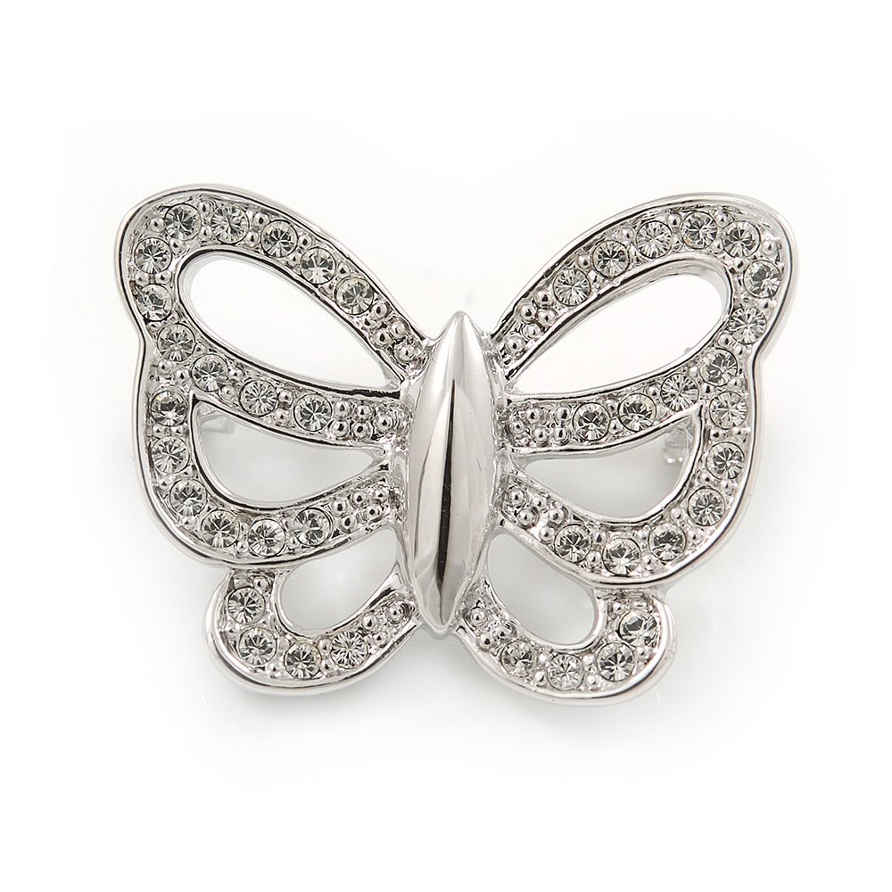 Small Rhodium Plated Crystal Butterfly Pin Brooch - 25mm