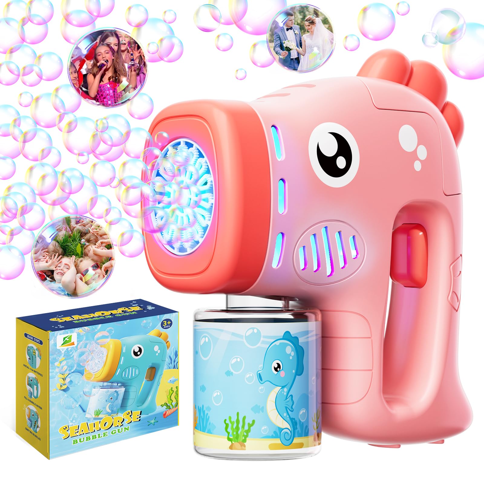 Photo 1 of Panamalar Bubble Gun for Kids, Automatic Bubble Machine 8000+ Bubbles Per Minute, Portable Bubble Blower Maker Toy with 12 Holes/Lights/Bubble Solution for Outdoor Wedding Party-Pink