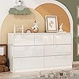 White Malm Dresser for Bedroom, 55 Inch Long High Gloss Dresser with 7 Drawers, Modern Large Wood Chest of Drawer Handle Free, Living Room, Entryway, Hallway, White
