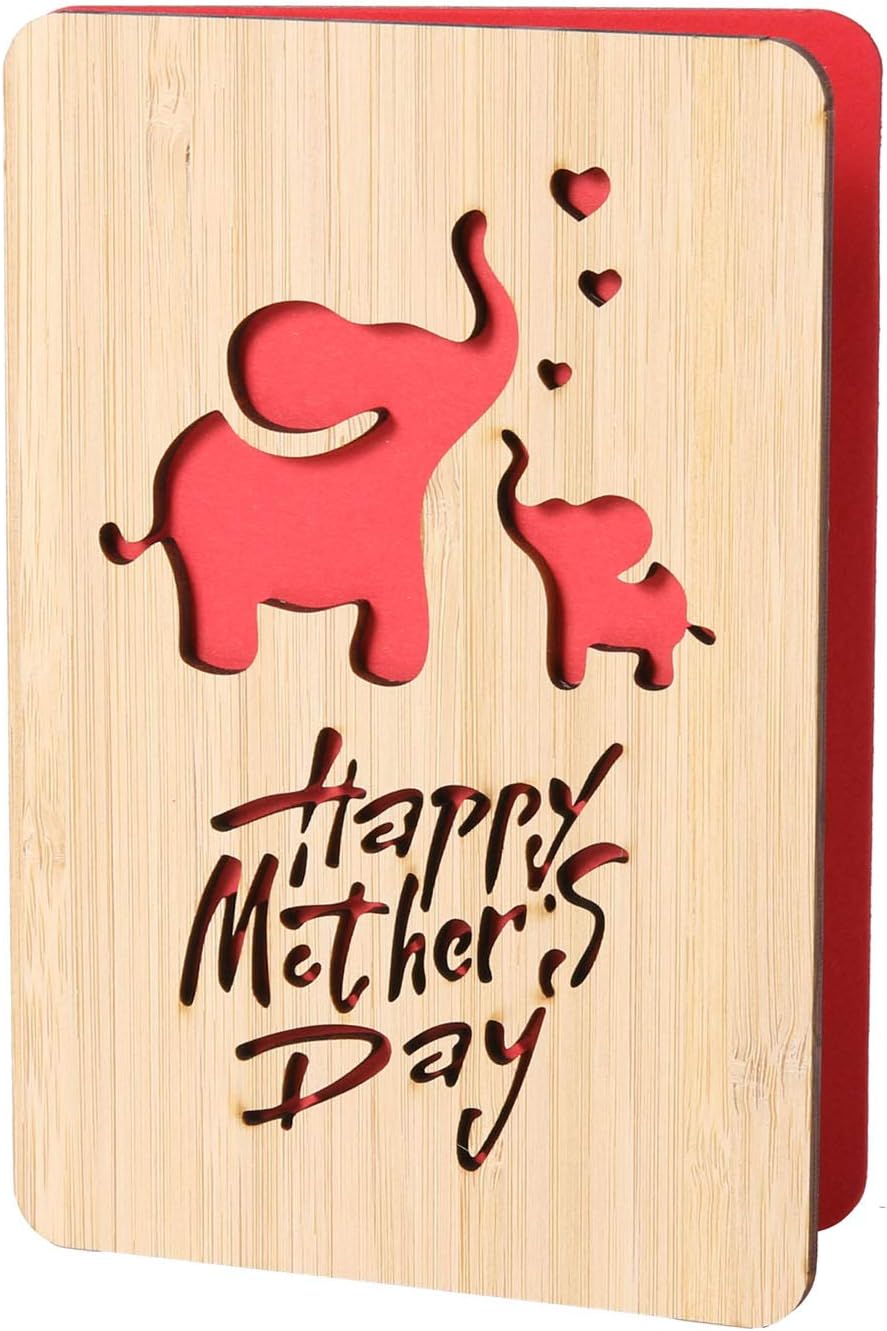 Elephant Mother's Day Card,Handmade with Real Bamboo Wooden Mother's Day Gifts for Mum,Wife,Wood Mom Birthday Card from Daughter