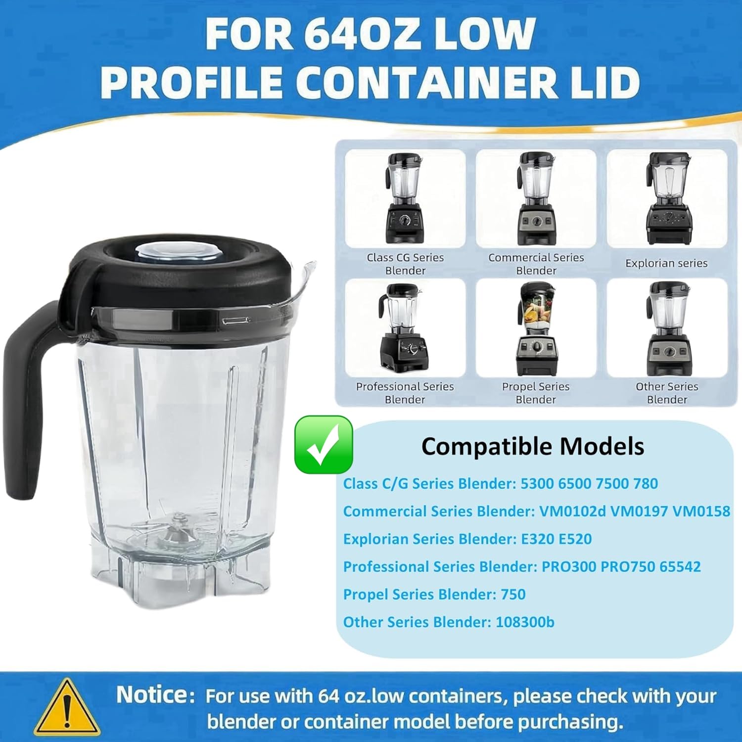 For Vitamix Lid Replacement, Lids For 64 oz. Low Profile Containers, For Vitamix Pro 750 5300 E320 VM0158 7500 780 Pitchers, Lid Compatible With Vitamix Accessories
