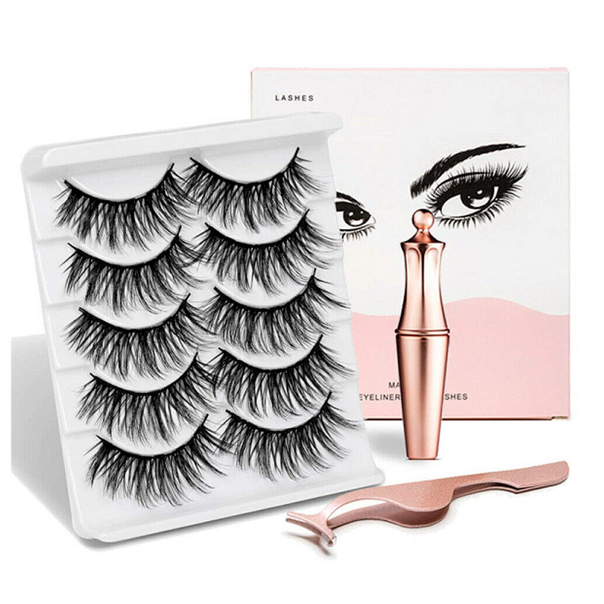 Magnetic Eyelashes with Eyeliner, Magnetic Eyelashes Natural Look Kit, Mixed 3D Mink Magnetic Eyelashes Reusable False Lashes with Applicator, No Glue Needed (5-Pairs)