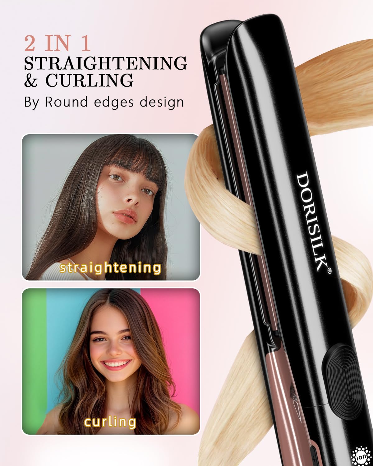 DORISILK 500 Degree High Temp Professional Hair Straightener，30s Fast Heating Ceramic Flat Iron ，2 in 1 Hair Straightener and Curler，Plasma Flat Iron Get Frizz-Free ，Dual Voltage for Travel Using