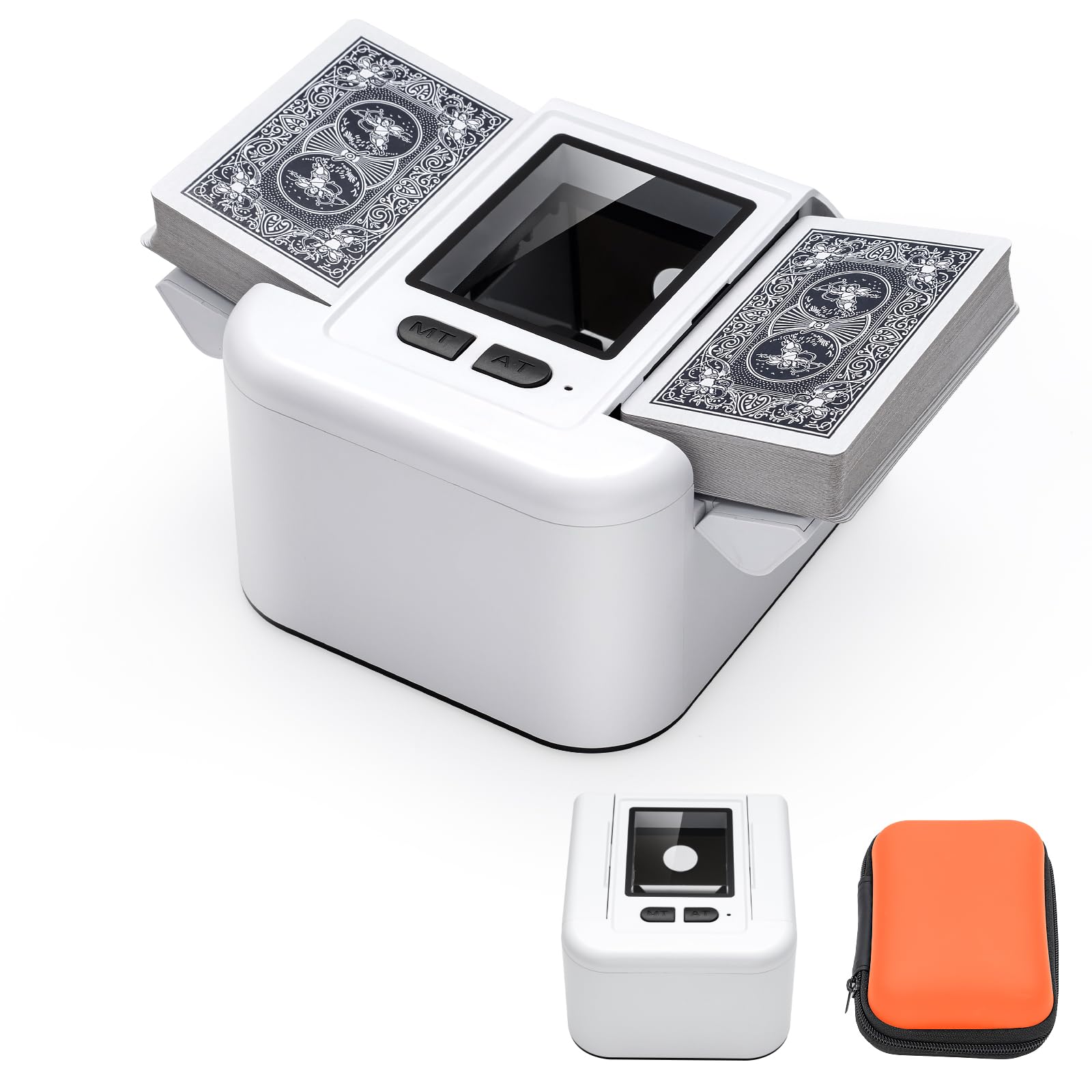 AOKUY Automatic Card Shuffler with Storage Bag – Foldable & Portable Electric Shuffler for UNO, Poker, Blackjack, Phase 10 – Quiet, One-Touch Shuffle, Fits 1-2 Decks (White)