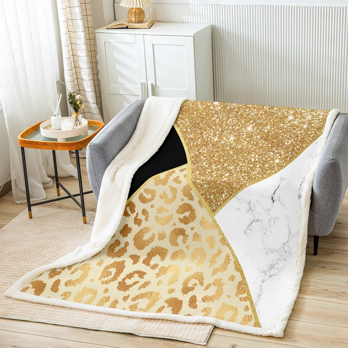 Manfei Marble Throw Blanket Gold Glitter and Leopard Print Blanket for Couch Sofa, Black White Marbling Bed Blanket for Kids Boys Girls, Soft and Breathable Fleece Blanket(90 x 90 Inches)