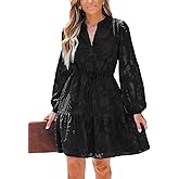 CUPSHE Women Ruffle Lace Mini Fall Dresses Semi Formal Wedding Guest Dress V Neck Long Puff Sleeve Elastic Waist Tie