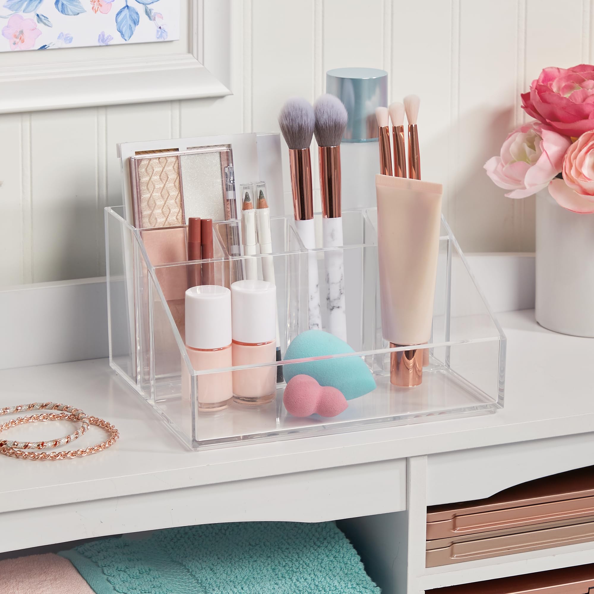 STORi Chloe Clear Plastic Stackable Makeup Brush Holder, Rectangular 6-Compartment Organizer for Brushes, Cosmetics & Beauty Supplies, Made in USA