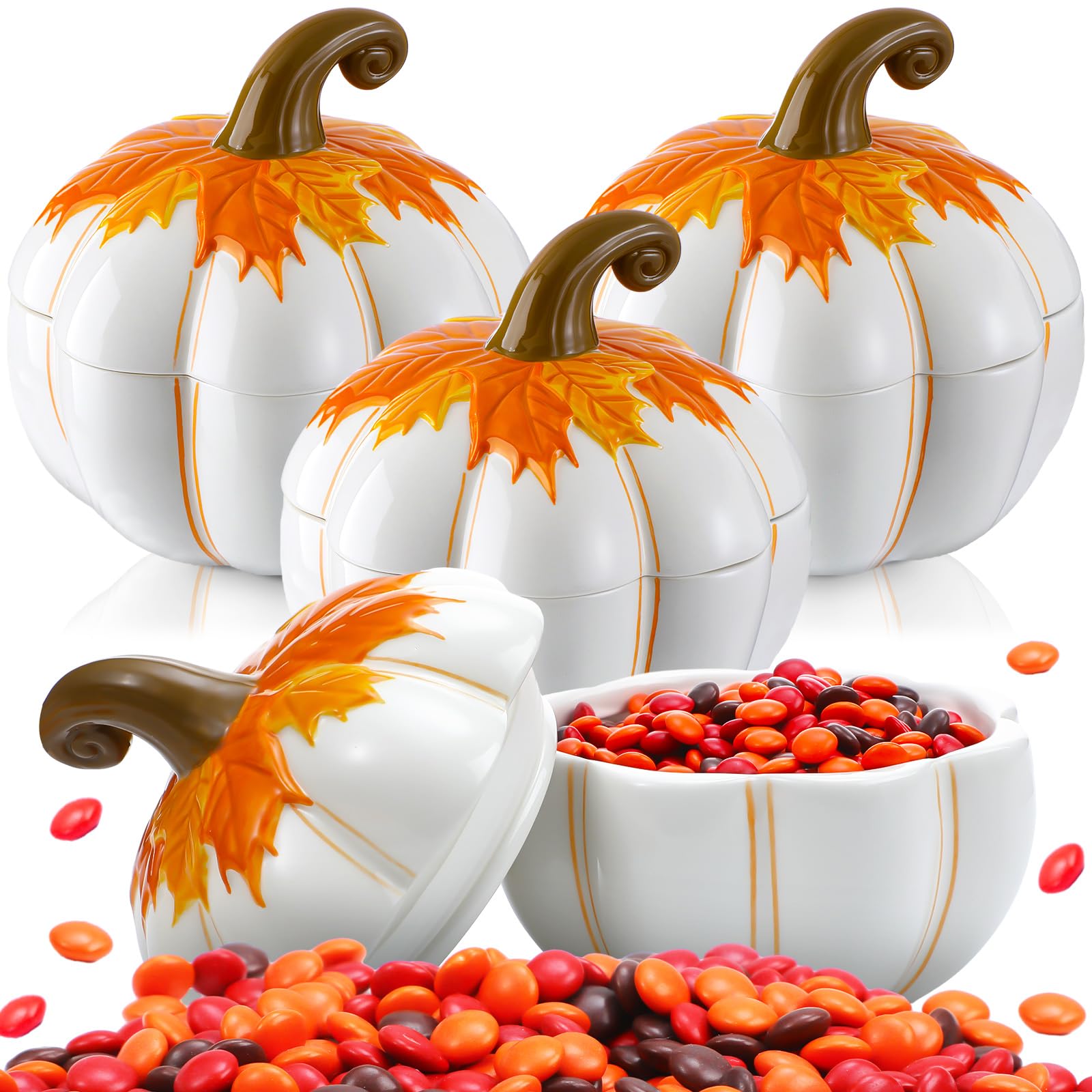 Photo 1 of Reallnaive 4 Set Thanksgiving Ceramic Bowl 20 oz Pumpkin Soup Bowls with Lids Thanksgiving Dining Table Decor Pumpkin Cranberry Sauce Storage Jar for Home Kitchen Holiday Tableware