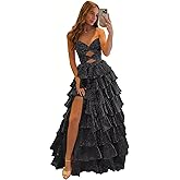 Djqpi Strapless Tiered Prom Dresses for Women Ruffle Glitter Beaded Long Formal Evening Gown with Slit