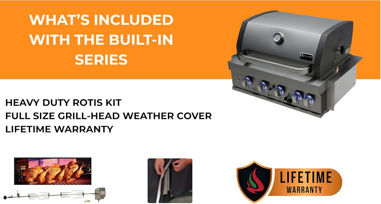 Mont Alpi 4-Burner Grill with rotisserie kit installed and cover.