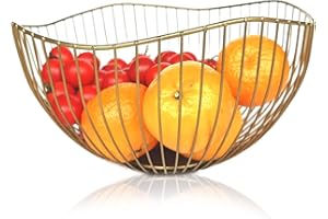 Gold Basket, Curved-Edge Gold Fruit Bowl, Metal Wire Fruit Basket, Decorative Holder for Kitchen Countertop Veggies, Bread, S