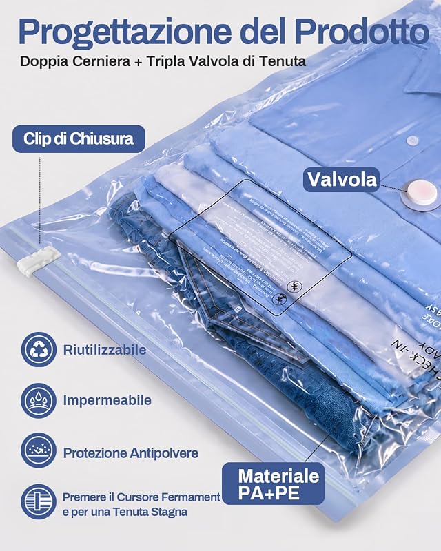 Sacchetti Sottovuoto con Pompa Elettrica, 8 Buste Sottovuoto Vestiti (4 * 100x80cm, 4 * 74x54cm), Sacchi Sottovuoto per Viaggi, Traslochi e Stoccaggio