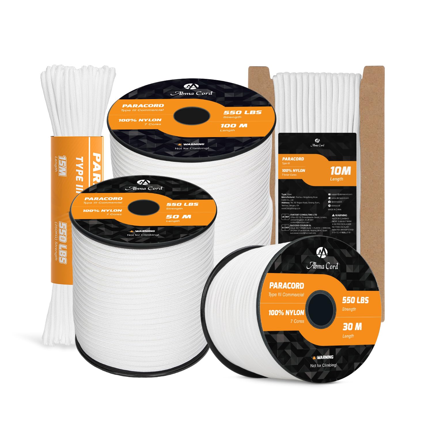 Abma Cord Paracord 550 4mm 15m 100% Nylon Rope Type III 7 Strands Parachute Cord for DIY, Camping, Survival, Outdoor - Max. 250kg - White