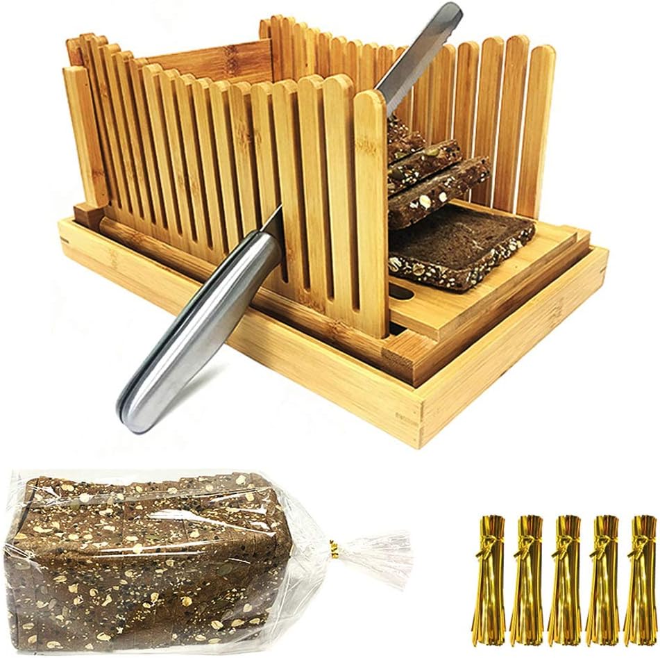 Bread Slicers for Homemade Bread with Crumb Catcher Tray, Compact Foldable Bamboo Bread Cutter Guide, 100 Bread Bags & 100 Twist Ties, Thickness Adjustable, Thick & Thin Slices 1/3", 3/8" and 1/2"