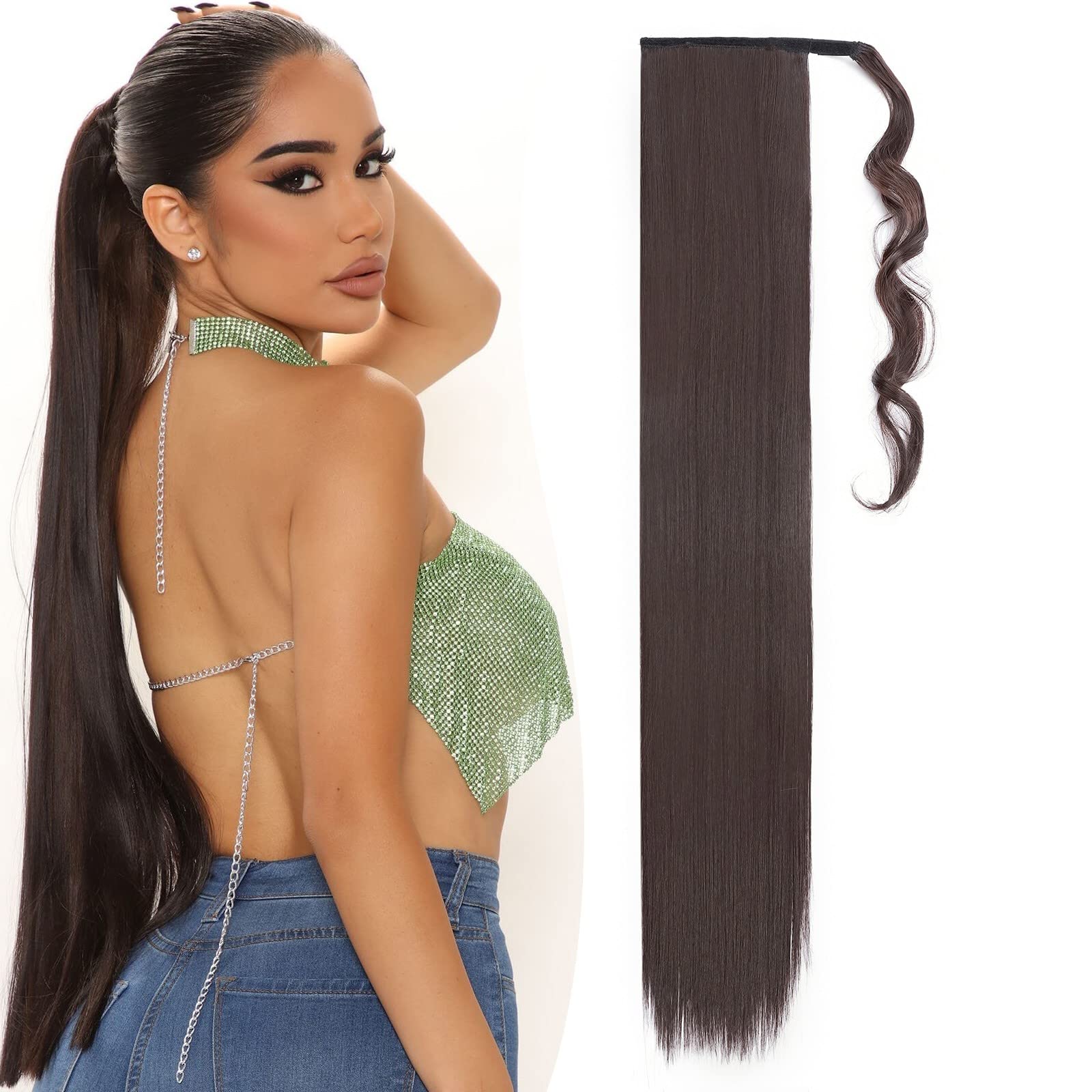 Benehair Ponytail Extension 32 Inches Long Wrap Around Ponytail Hair Extension Straight Synthetic Braid Extensions Clip in Hairpiece for Women Chocolate Brown — image 1