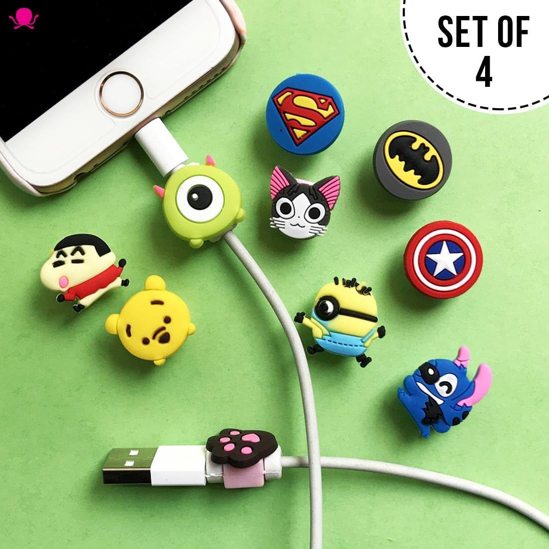 PrintOctopus | Cartoon Cable Protector Set of 4 - Cat Cable Protector | Wire Protector for iPhone | Cord Protector for Apple (4 Pieces)
