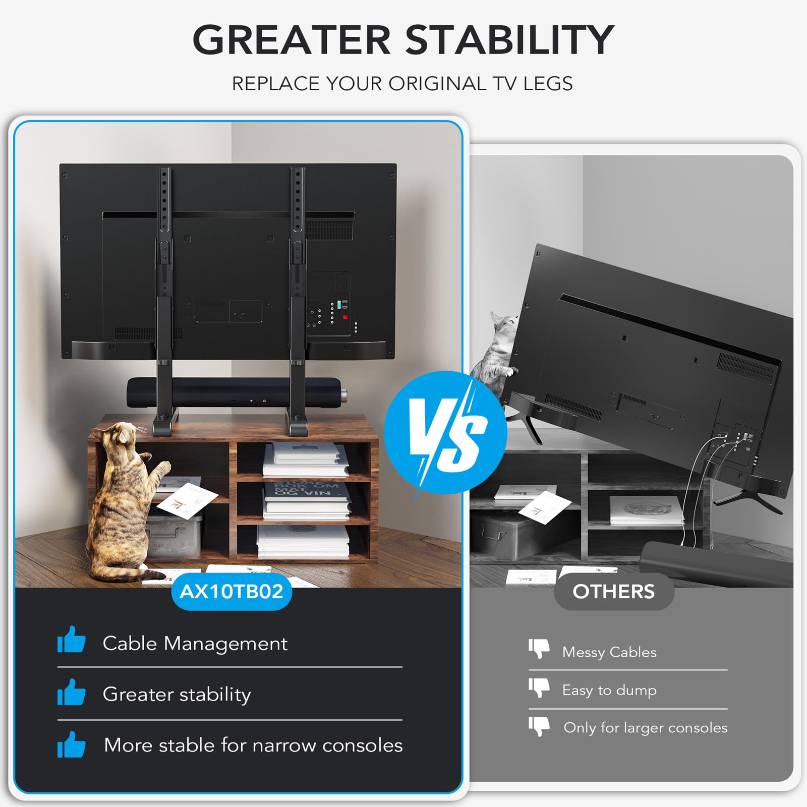 AX WABER Universal TV Stand, Table Top TV Stand Base Wobble-Free Replacement for Most 24 to 80 Inch LCD LED TVs, 7 Height Adjustable TV Legs Hold up to 150lbs, Max VESA 800x500mm, Black AX10TB02