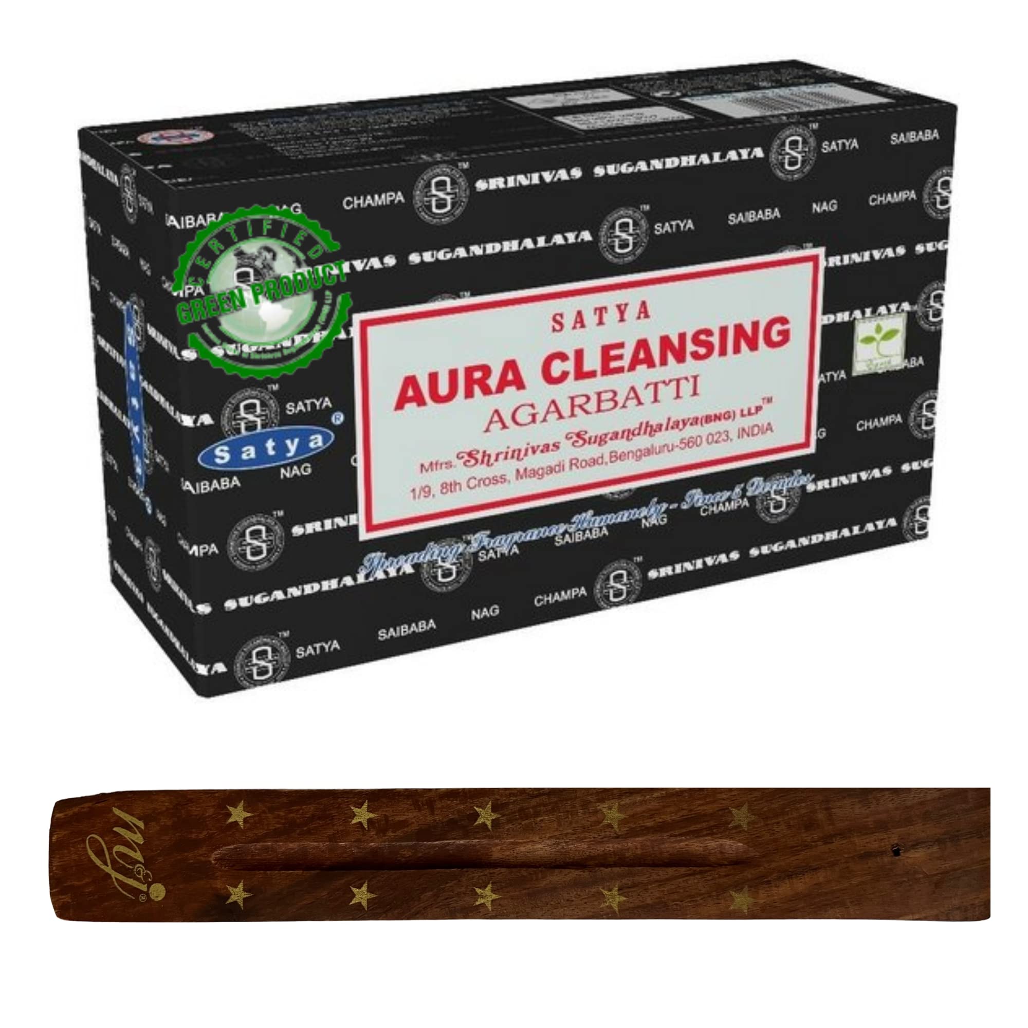 Original Satya Nag Champa Aura Cleansing Incense Sticks | with M&J incense sticks holder | Full Box | for Aromatherapy, Spa, Yoga, Weddings, Meditation, Healing, Positivity and Relaxation