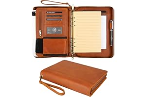 GZRHKJ A5 Genuine Leather Portfolio Notebook Binder, 6 Ring Binder Notebook Portfolio, Refillable Notebook A5 Planner Binder with Binder Pockets (Standard,Brown)