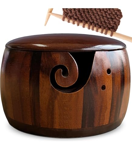 Marsui 3-Hole Curly Design Crochet Yarn Bowl – Oversized Wooden Bowl For Knitting & Crochet, 5.47 X 10.79 Inches