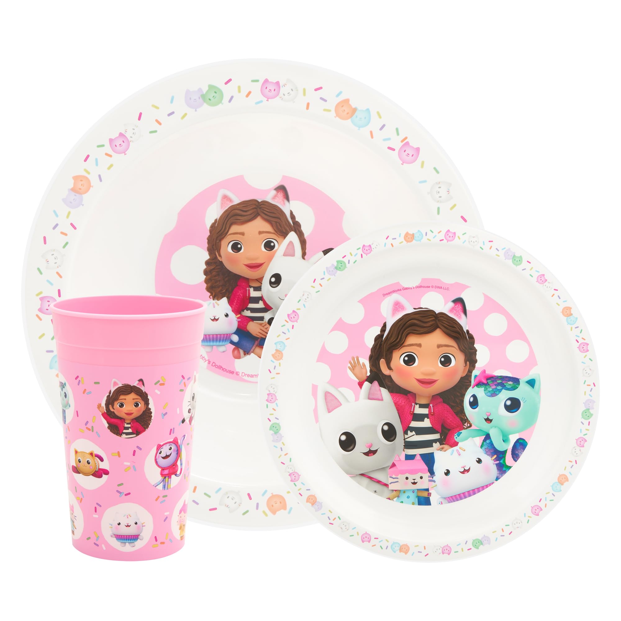 Gabby's Dollhouse Kids Tableware Set – 3 Piece Reusable PP Plate, Bowl & Cup for Children - Tumbler & Dinnerware Set for Mealtimes – for 24 Months & Up, Pink
