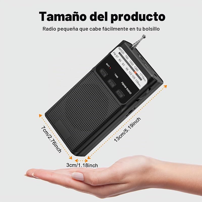 Rádio pequeno, rádios AM/FM, rádio de bolso com clipe traseiro, rádios portáteis com bateria recarregável incorporada, rádio com ranhura para cartão TF, entrada para auscultadores de 3,5 mm e função de luz (preto) — foto 4 de 7