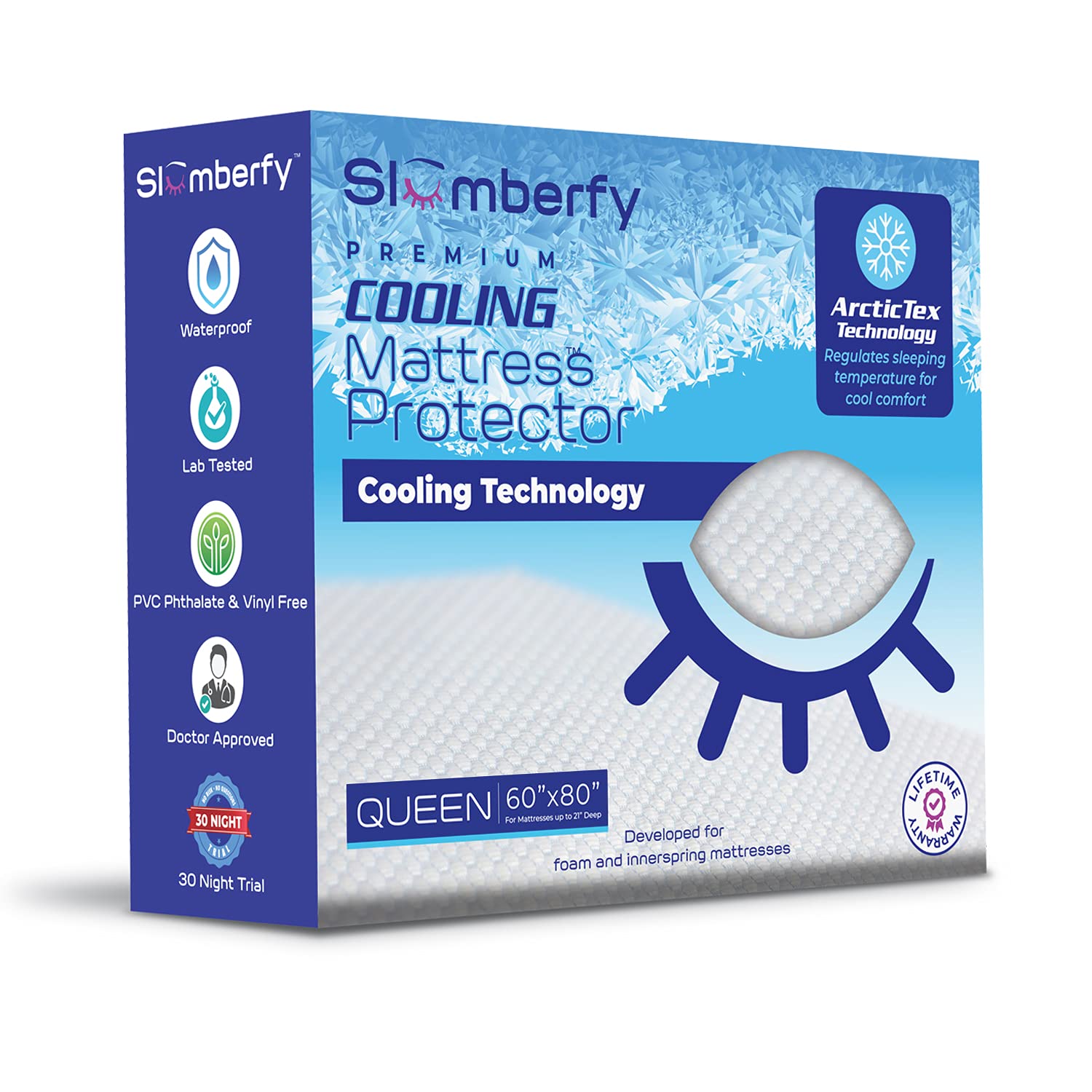 Photo 1 of Queen Size Waterproof Cooling Mattress Protector by Slumberfy - Premium Skin-Safe Cover, Natural Fabric with ArcticTex Technology, Noiseless Quilted Mattress Cover – 60x80 in.