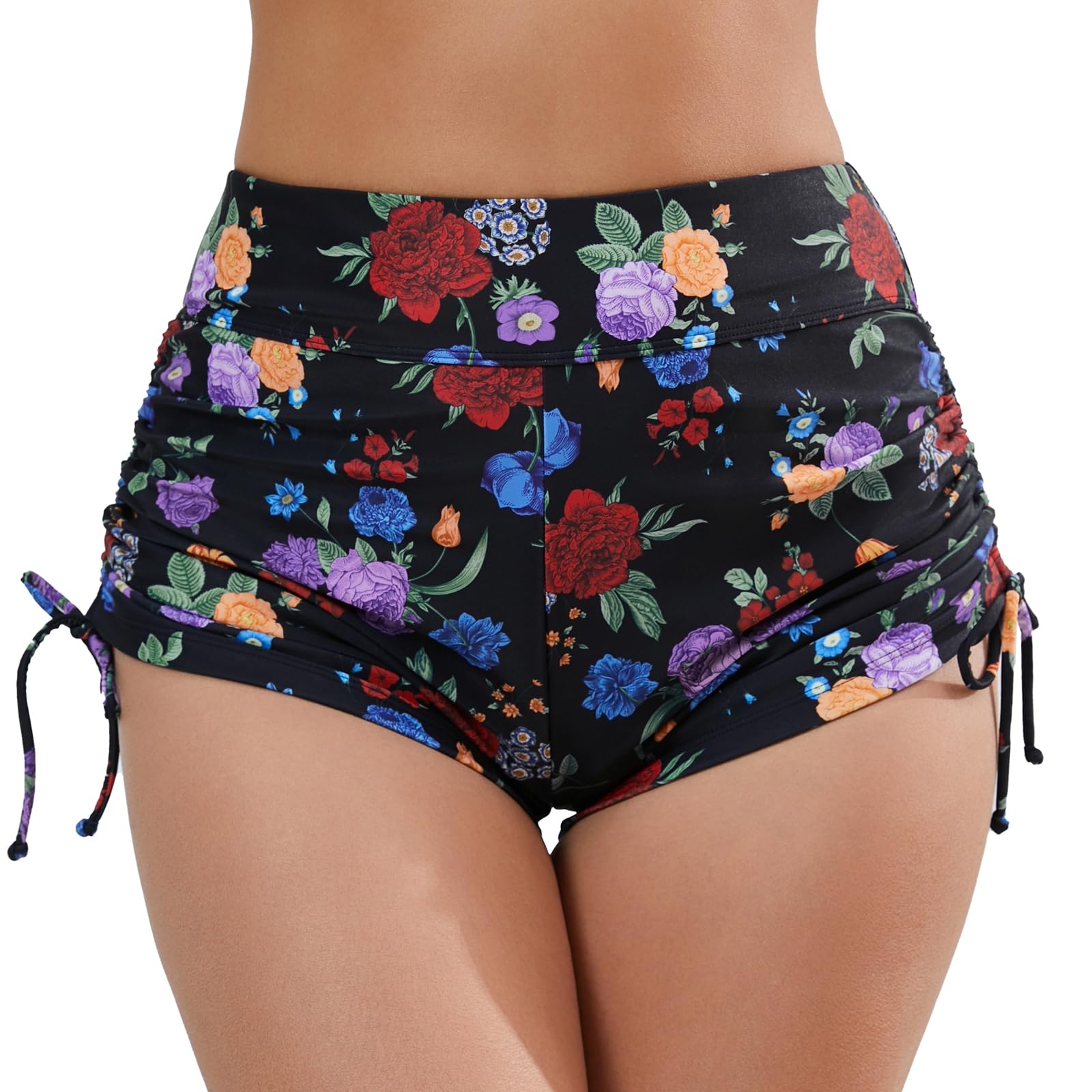 Photo 1 of (L) Halcurt Women's High Waisted Swim Board Shorts Tummy Control Side Tie Adjustable Tankini Swimsuit Bottoms Black Floral L