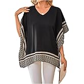 BEAUDRM Women's Oversized Blouse Graphic Dolman Sleeve V Neck Asymmetrical Dressy Casual Tops