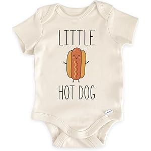 Little Hot Dog Baby Bodysuit, Funny Food Newborn (0-3 Months, Natural) | BBQ Baby Outfit, Kawaii Hot Dog Graphic, Summer Cook