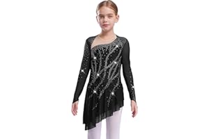 Vxuxlje Figure Ice Skating Dress for Kids Girls Lyrical Ballet Dance Rhinestone Long Sleeve Gymnastic Leotard