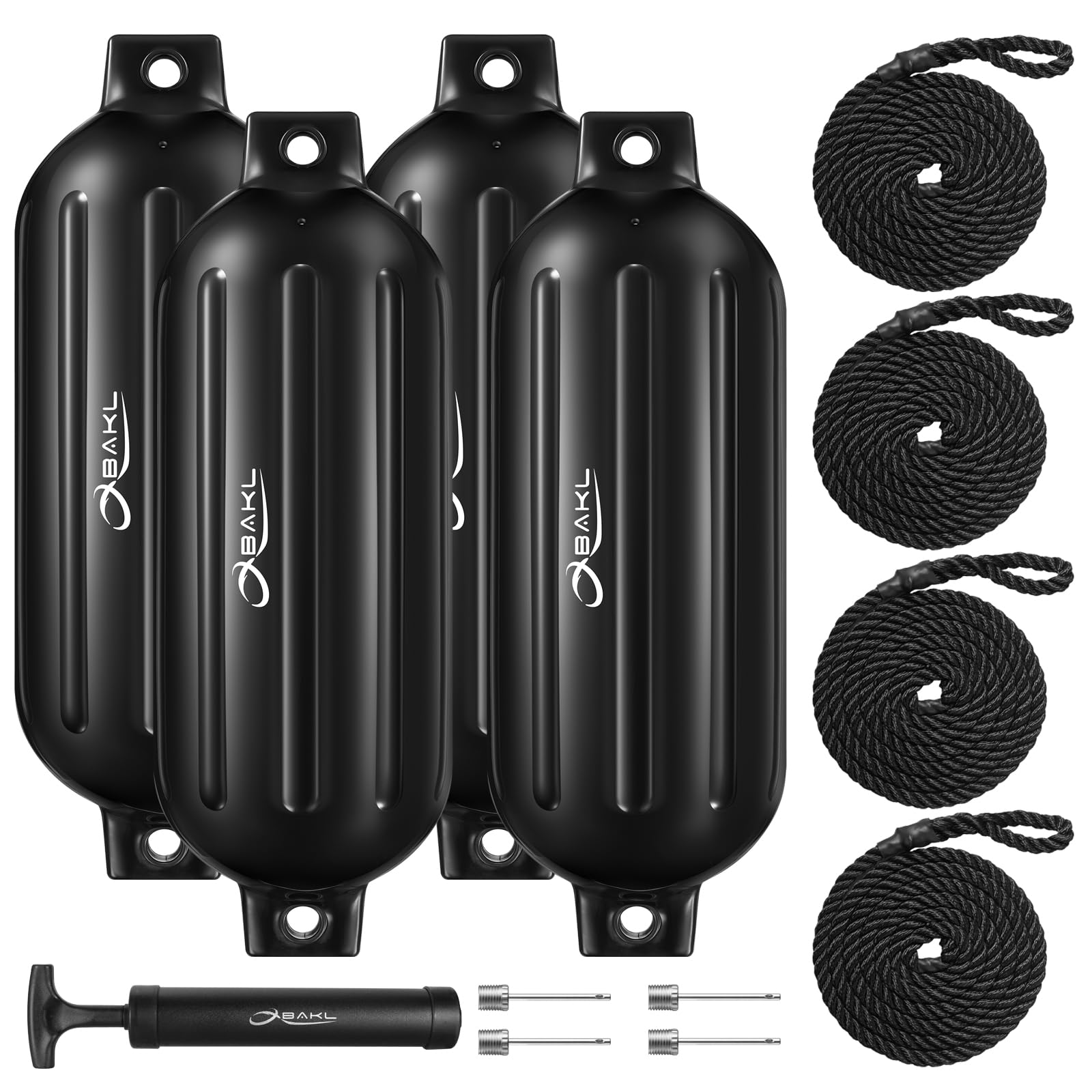 Photo 1 of OBAKL Boat Fenders 4 Pack 10 x 30 Inches Ribbed Twin Eyes Boat Fenders Bumpers for Docking, Comes with Ropes and Pump to inflate(Black)