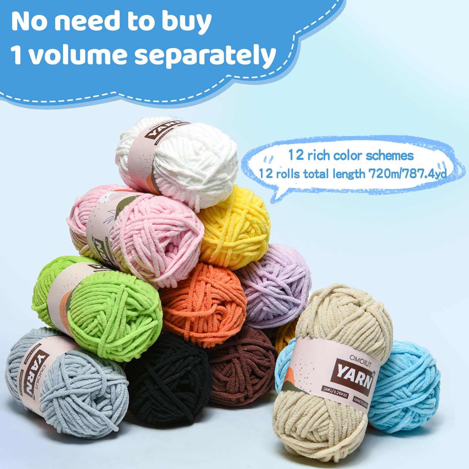 24 Pack Chenille Velvet Yarn - Baby Yarn for Crocheting Soft - Amigurumi Yarns Set with 1200g(1574yd) Crochet Yarns Crochet Hook、Stitch Markers、Fluffy Stuffing、Accessories
