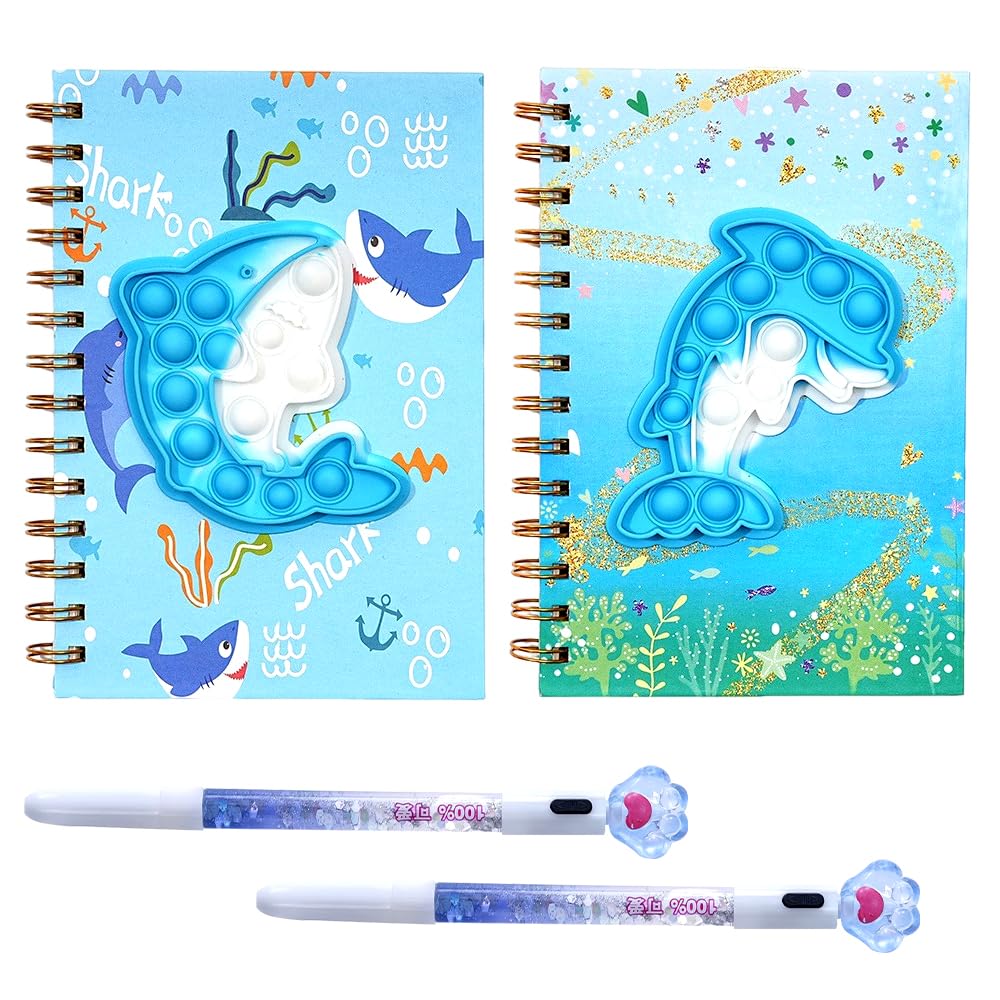 Kids Notebook, 4 Pcs Pop Secret Diary for Girls Cartoon Journal with Pen Spiral Kids Journal Silicone Bubble Spiral Journals Fidget Bubble Journals Set for Kids Adults Stationery Presents (Blue)