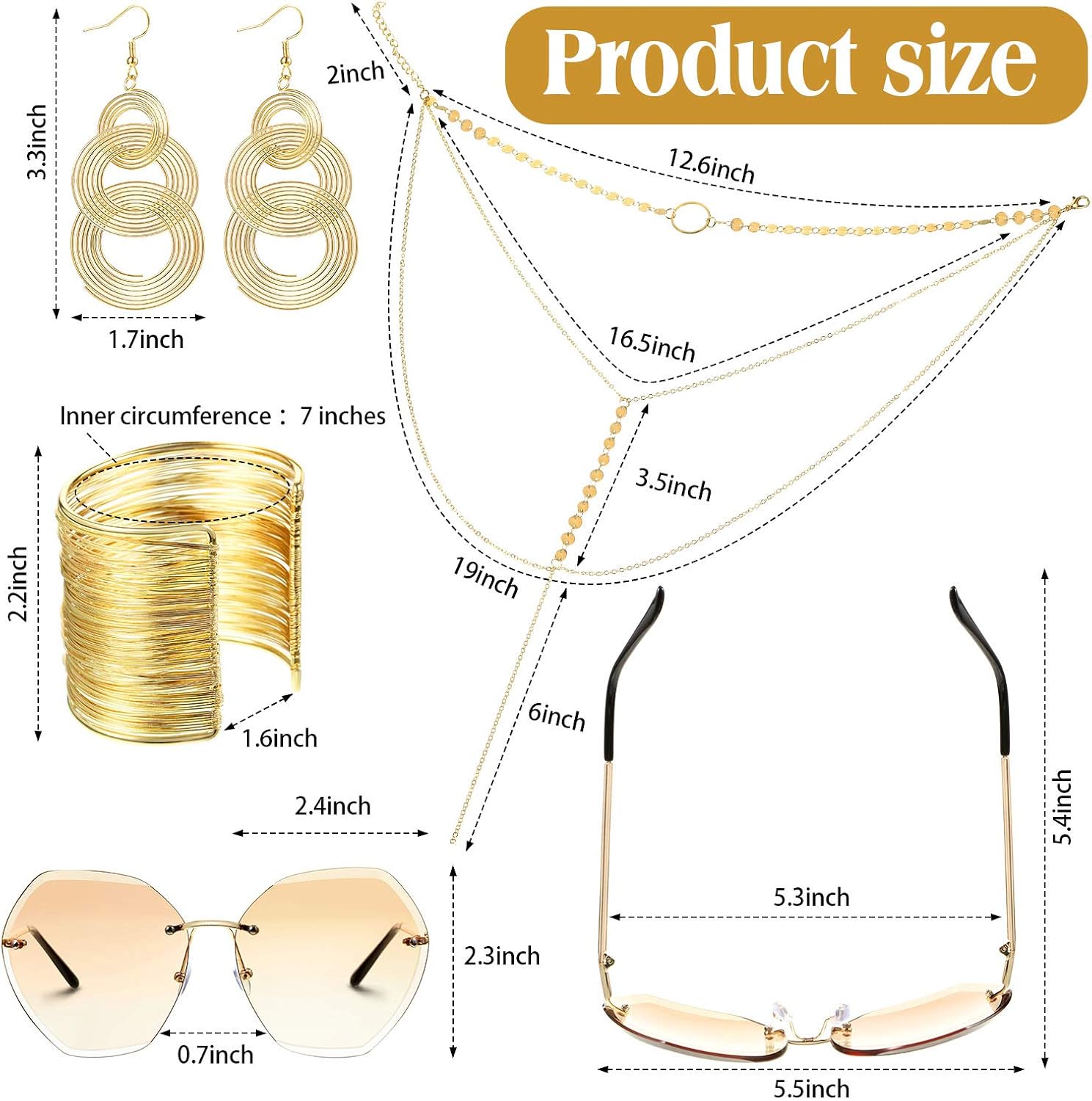 70s Disco Set Rimless Diamond Cutting Sunglasses Wire Metal Coil Bracelets Layered Choker Necklace Gold Triple Swirl Disco Earrings: Jewelry