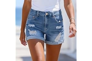 Women's High Waisted Rolled Hem Distressed Jeans Ripped Denim Shorts