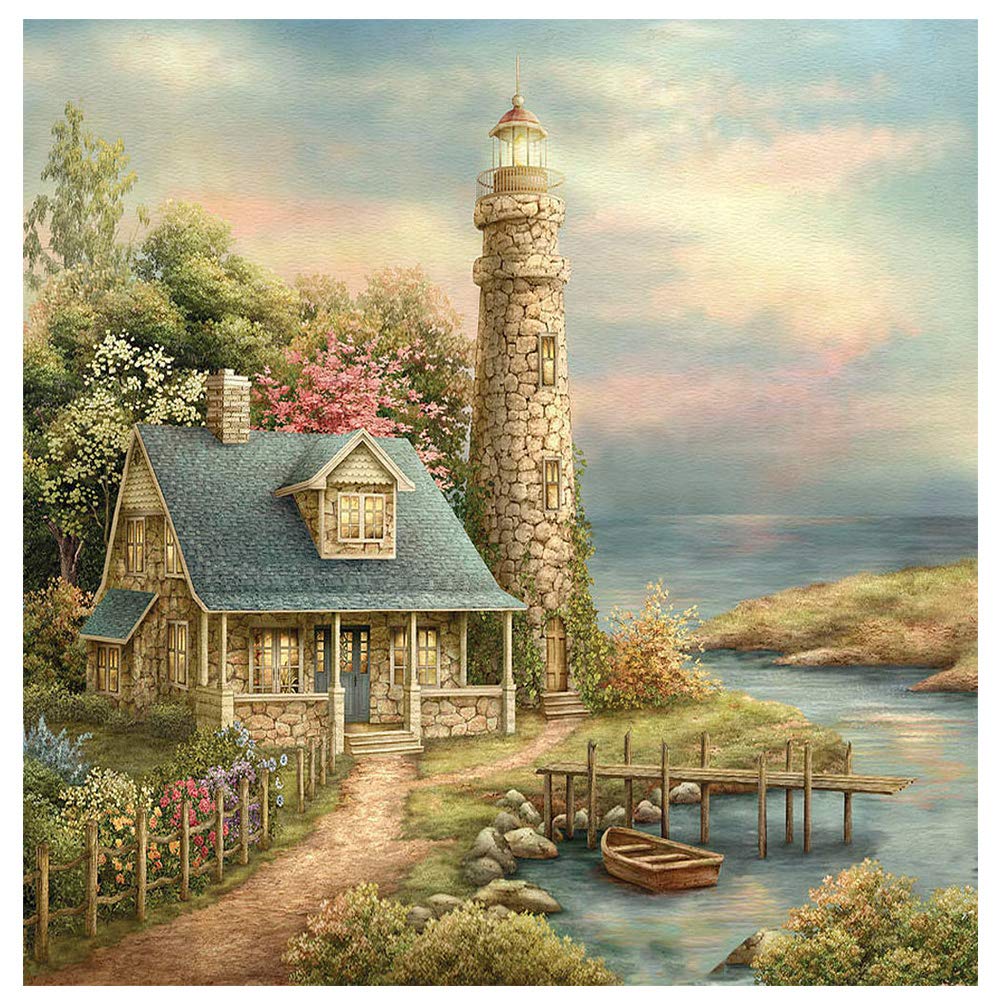 DIY 5D Diamond Painting by Numbers Kits, Cabin by The Lake, Lighthouse Boat Tree Flowers View, Full Drill Rhinestones Paint with Diamonds Crystal Diamond Art (Lighthouse)