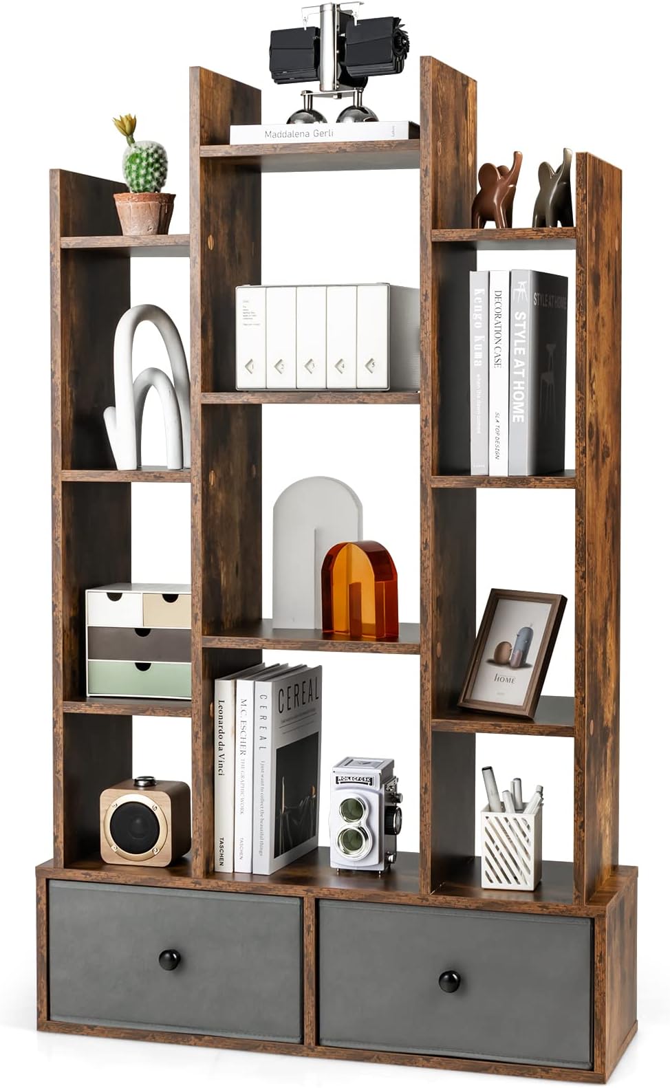 COSTWAY 12-Tier Tree Bookshelf Rustic Brown Wooden Bookcase with Folding Drawer