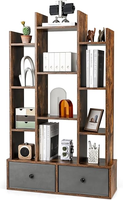 COSTWAY 12-Tier Tree Bookshelf Rustic Brown Wooden Bookcase with Folding Drawer