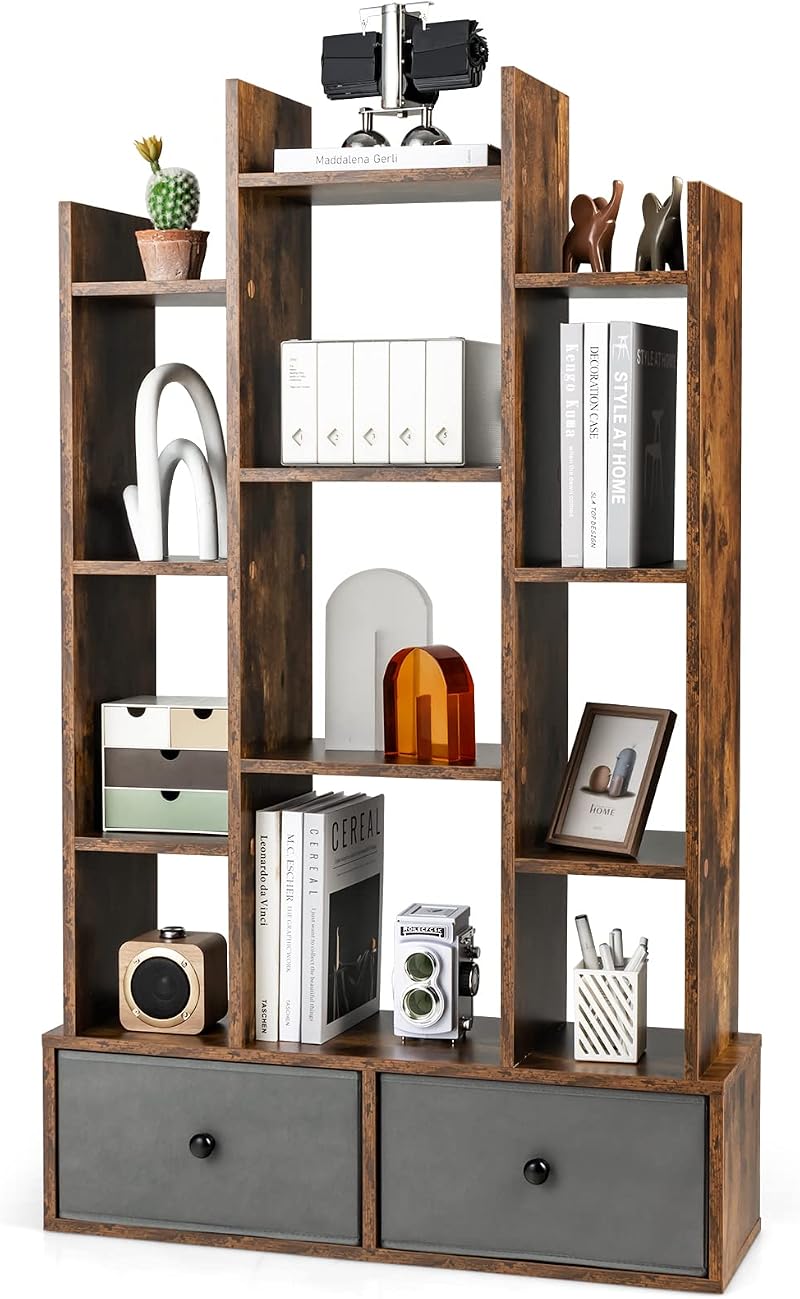 COSTWAY 12-Tier Tree Bookshelf Rustic Brown Wooden Bookcase with Folding Drawer