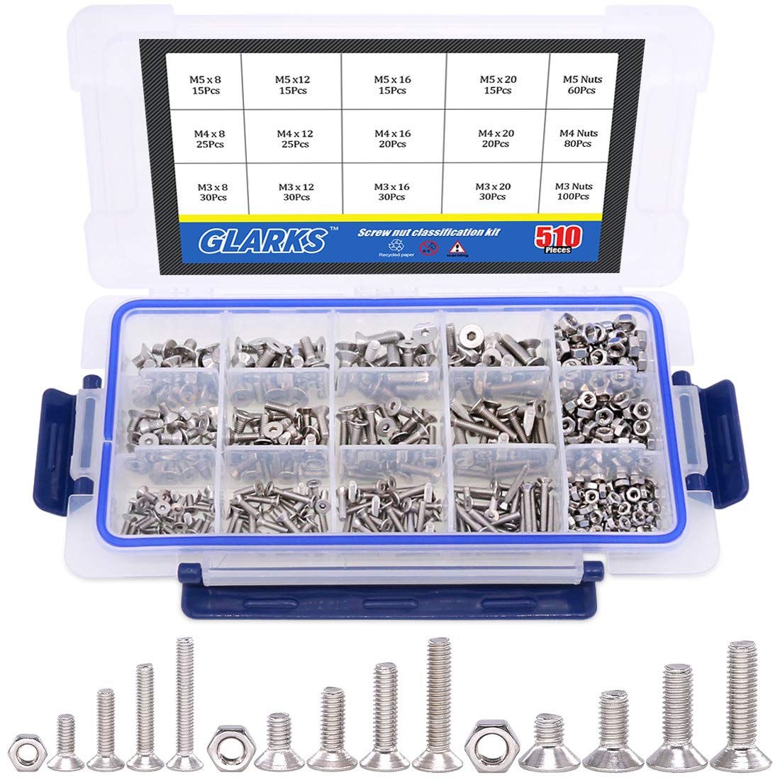 Glarks 510Pcs Metric M3 M4 M5 304 Stainless Steel Flat Head Countersunk Socket Cap Bolts Screws Nuts Assortment Kit, Allen Hex Drive