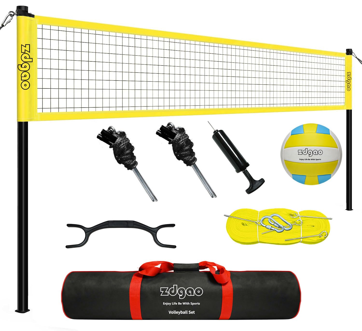 Volleyball Net Outdoor - Portable Volleyball Set for Backyard with Professional Volleyball Net, Wrap Yarn Volleyball and Pump, Boundary Line, Carry Bag (Classic Yellow) Image